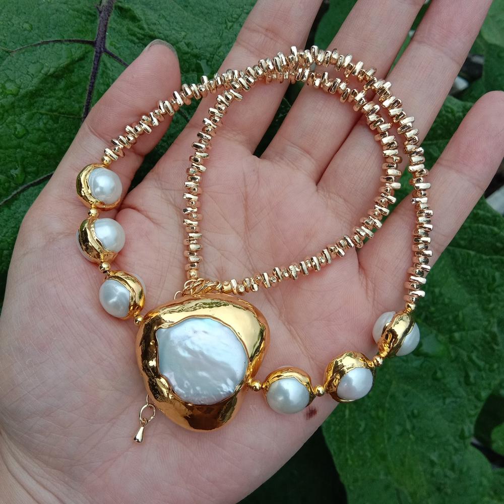 KKGEM 30x33mm 養殖ホワイトケシパールハートシェイプチョーカーネックレスゴールドメッキチェーンシンプルネックレス