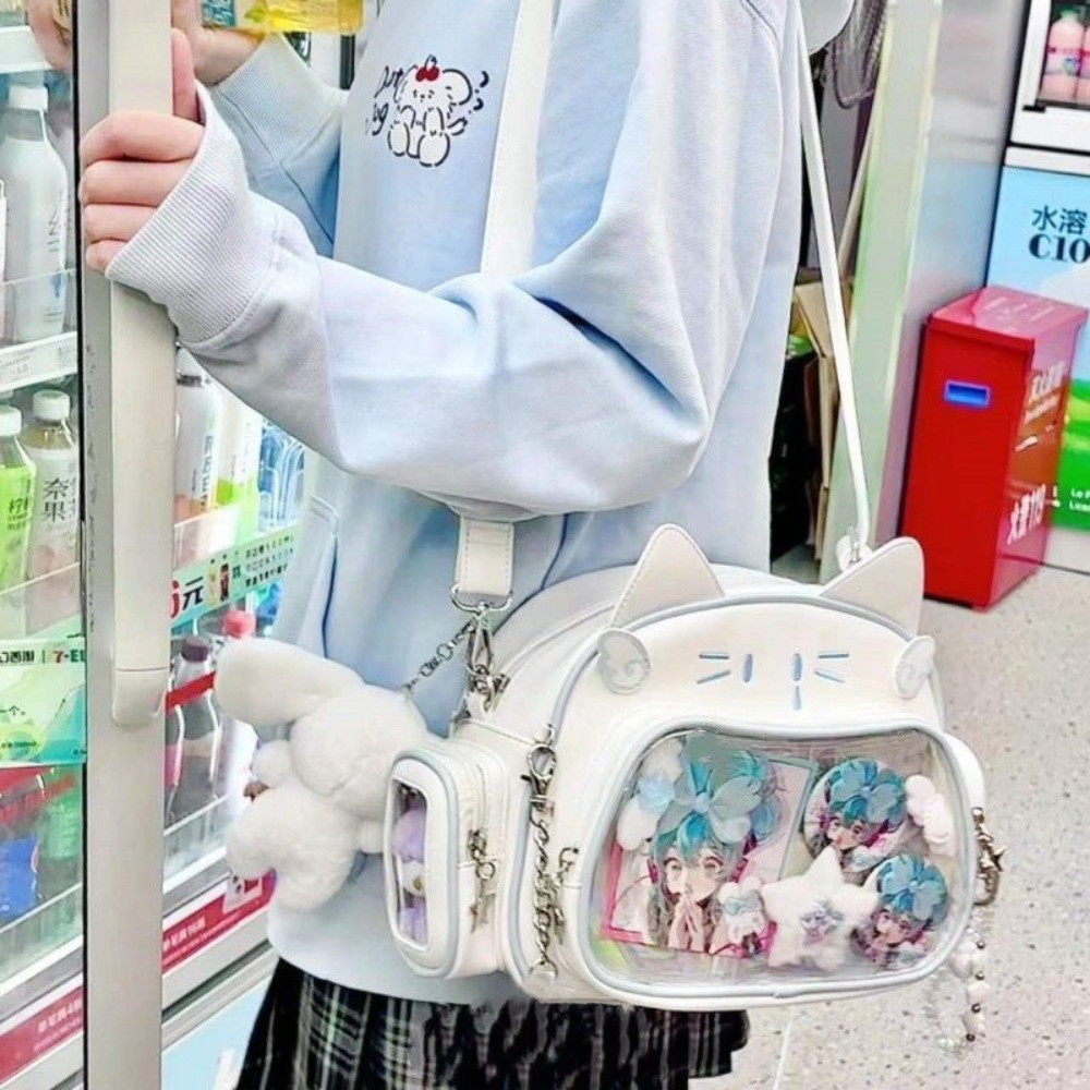 Y2K 韓国かわいい猫ロリータバッグかわいい PU ショルダーバッグ女の子透明ポケット原宿クロスボディバッグ女性のファッションバックパック