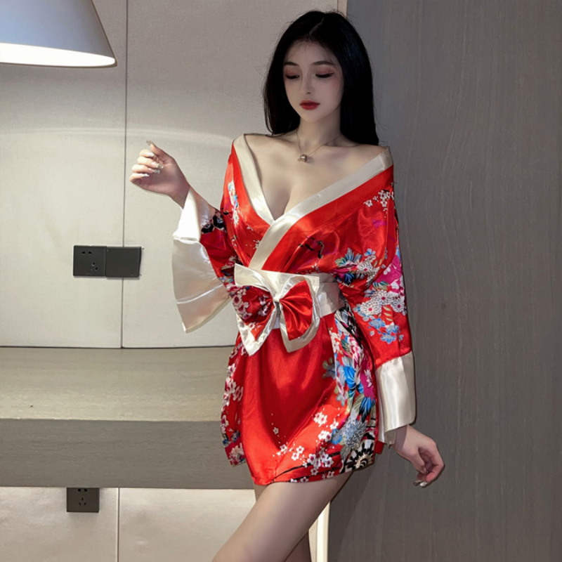 セクシーな V ネック夏の女性パジャマちょう結び日本の着物浴衣バスローブホームスリープウェアレースアップナイトガウンハウスウェア