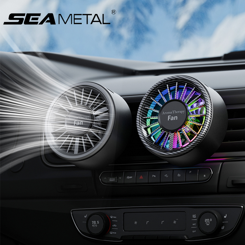 SEAMETAL 車用 USB ファン エアベント 周囲光冷却ファン 芳香剤 自由回転 安定したクリップ サイレントファン 3 速度調整可能