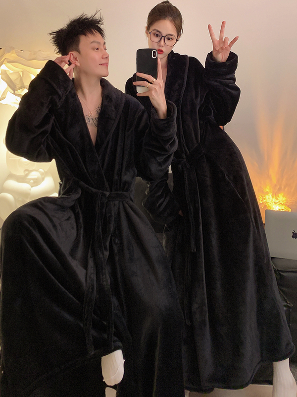 カップルの厚みのある拡張コーラルフリースローブ メンズ レディース 大きいサイズ フランネル ホーム服 パジャマ シンプル スタイル 秋用...