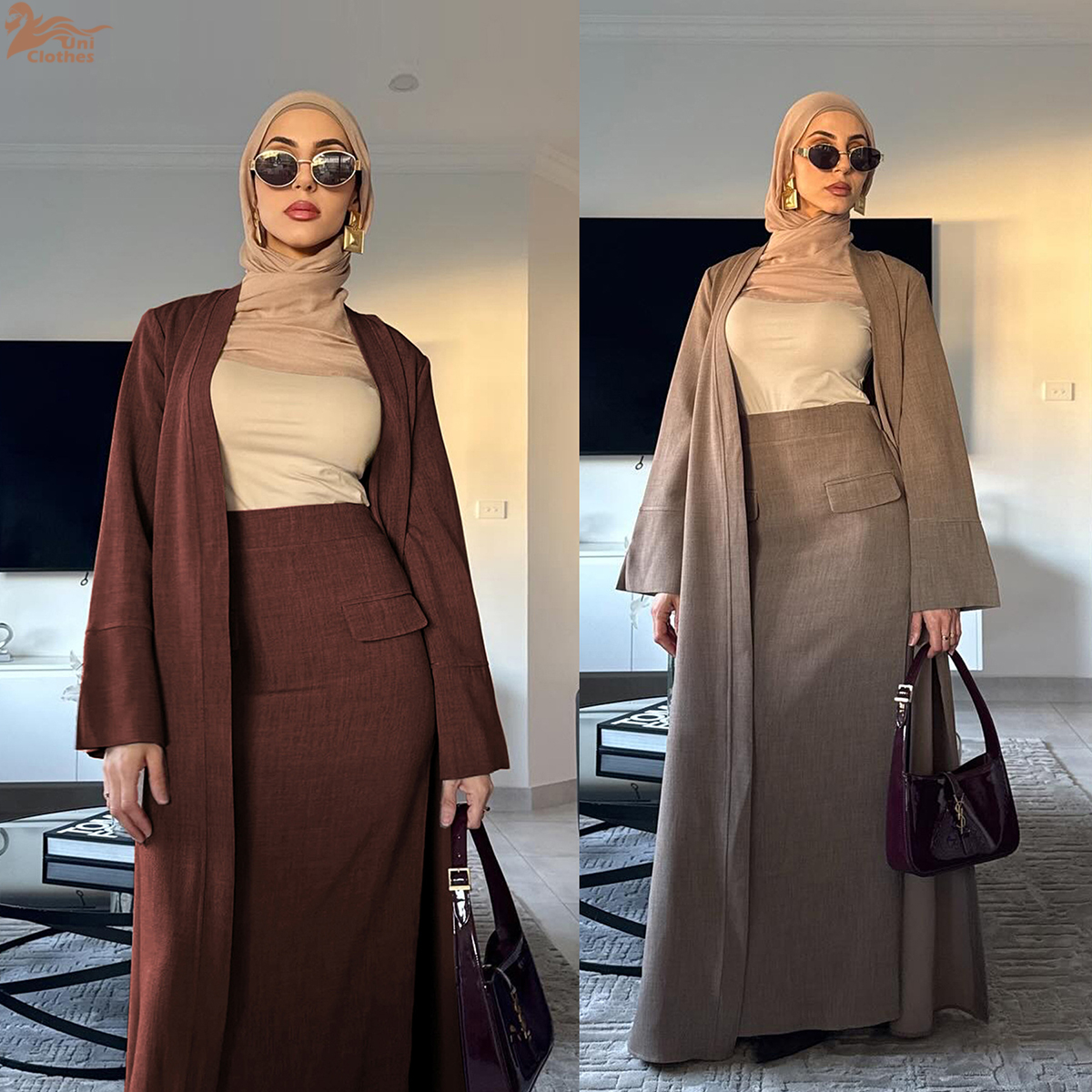 ユニ 2025 アバヤ女性イスラム教徒ドレスイスラム服ファッションドレス女性トップとスカート 2 ピースアバヤセット婦人服