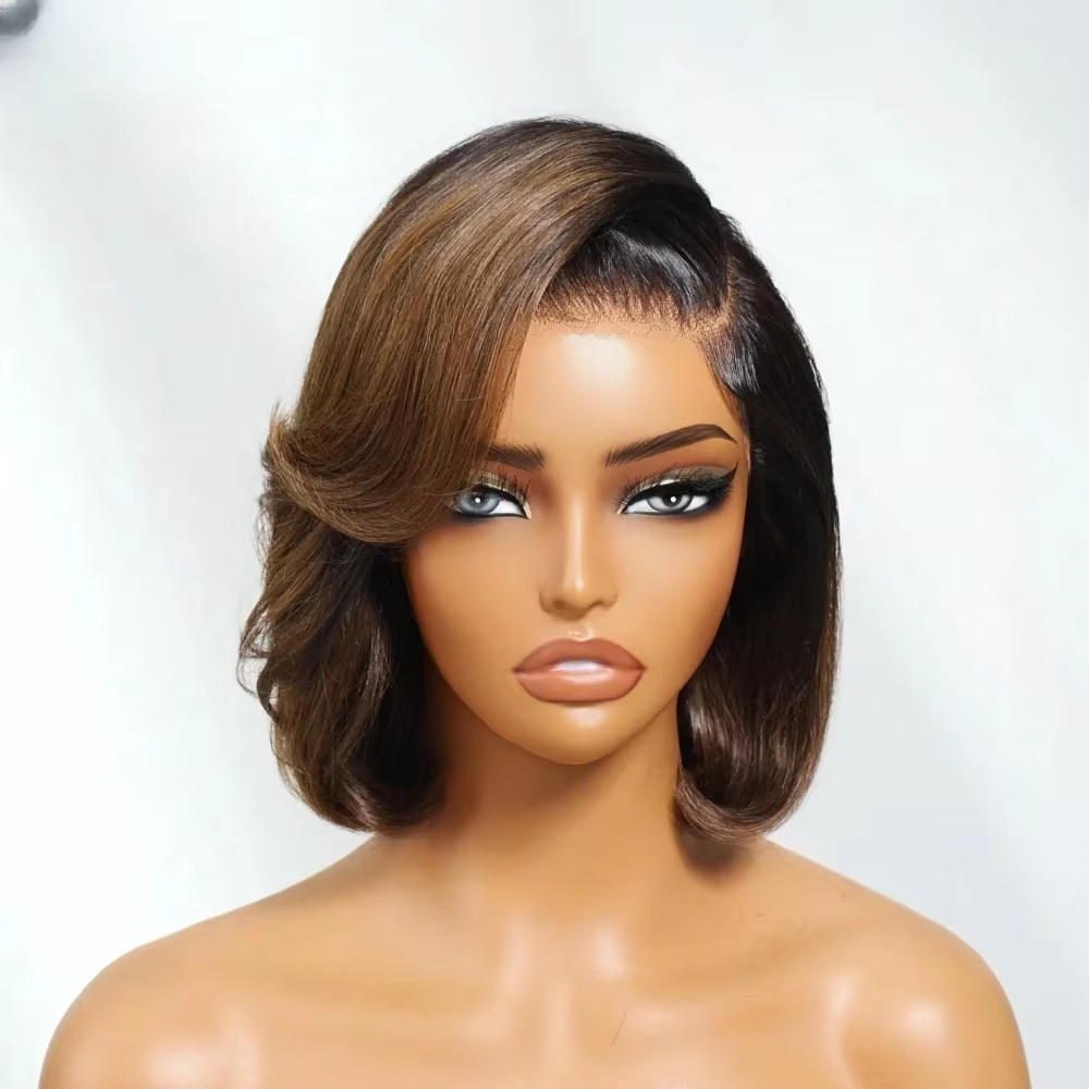 グルーレスボブソフト事前摘み取りオンブルブラウンレースフロントウィッグ女性のための 14 インチ 180 密度ストレート合成ベビーヘア毎日