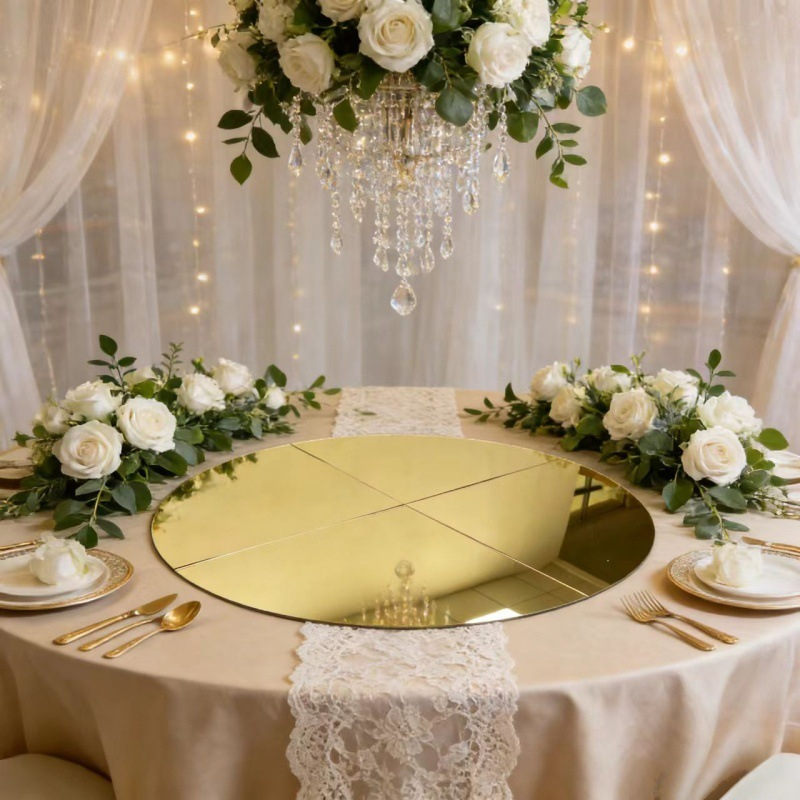 結婚式の小道具、ゴールデンアクリルミラースプライシング、ラウンドテーブルパネル、デザートテーブル、パーティーウェルカムデコレーション用フラワーテーブル