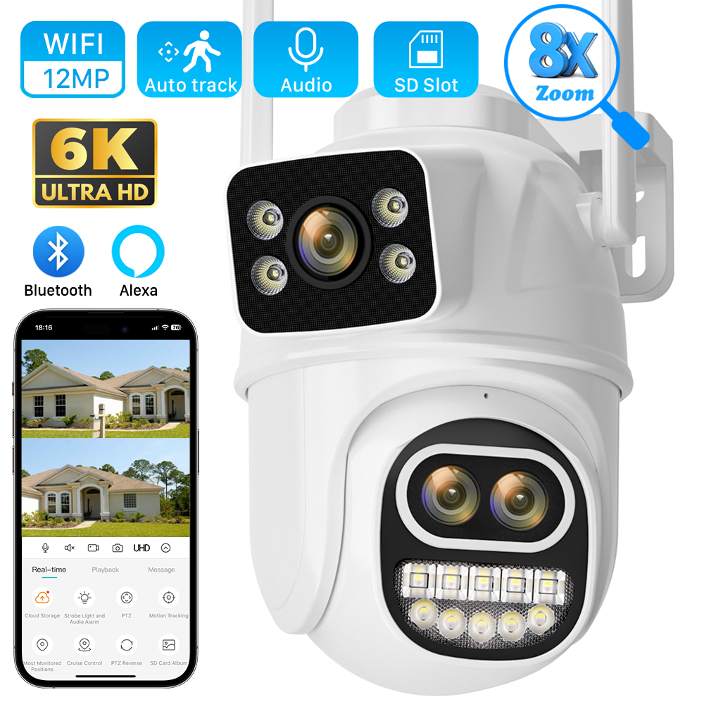 12MP 6K 3 レンズ 8X デジタルズーム Wifi 監視カメラ屋外 6MP AI 自動追跡ヒューマノイド検出 PTZ セキュリティカメラ