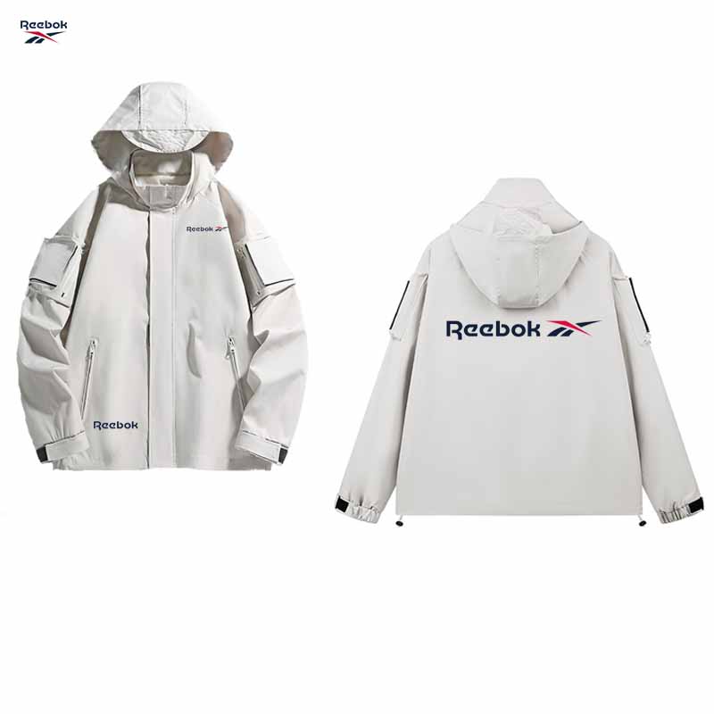 Reebok ロゴ フード付きジッパー ジャケット - 防水マウンテン バイク コート - 男性および女性のアウトドア スポーツ ウェア - 軽量で