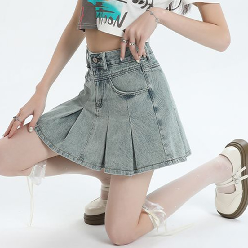 夏の女性韓国スウィートインハイウエストデニムスカート女性ファッションデザイナー薄型ミニジーンズスカートガールズファッションブルードレス