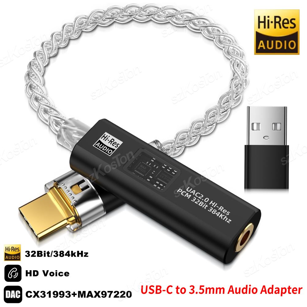 USB-C - 3.5mm オーディオアダプター ヘッドフォンアンプ DAC HiFi 32b/384kHz CX31993 MAX97220 デュアルチップ Android iPhone iPad PC 用