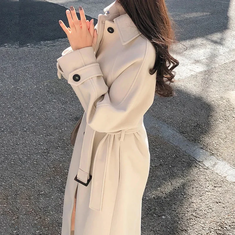 2025 秋/冬の新韓国ルースウールジャケットコート女性スリム気質ベルト女性の厚みのロングウールオーバーコート