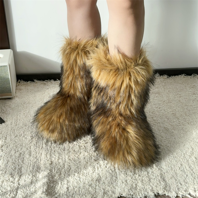 新しい冬の毛皮ワンピースアライグマの毛皮の女性のスノーブーツ毛皮の靴屋外ミッドレッグブーツ