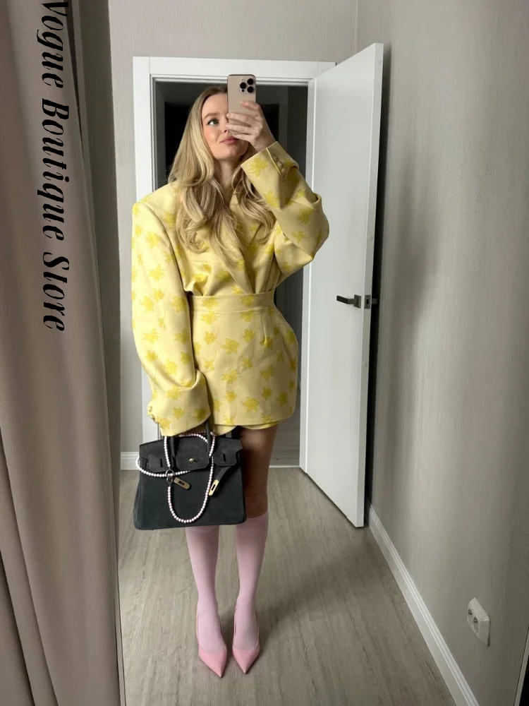 Casual Printed Coats Skirts Suit Women Loose Button Turn-down Collar Full Sleeve Blazer Mini Skirts Set 2026 Autumn Lady Sets