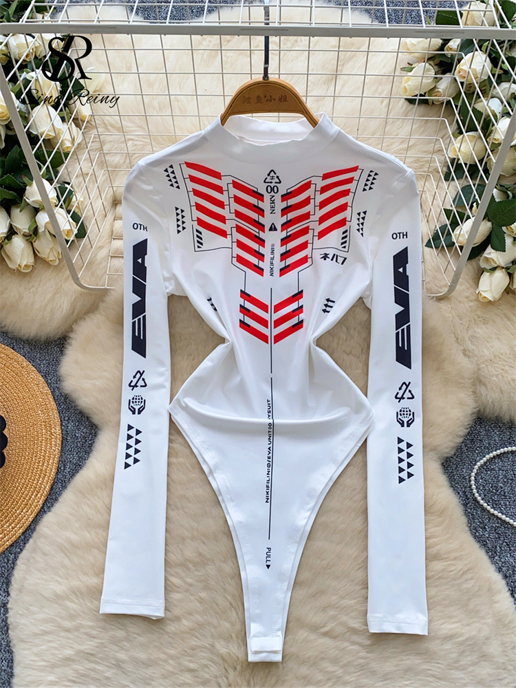 SINGREINY 秋長袖ボディスーツ女性 O ネックモトバイカースリムトップストリートオープン股 Hotsweet プリント & ロンパース