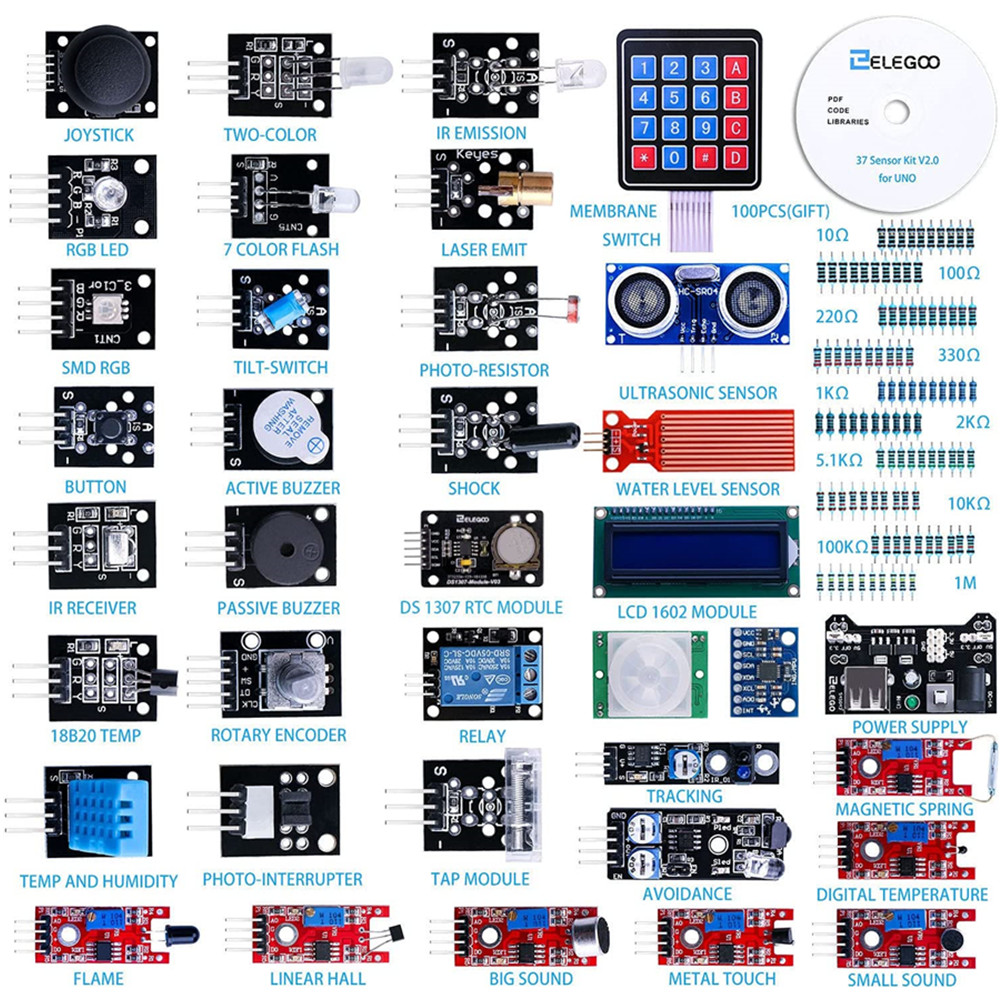 ELEGOO アップグレードされた 37-in-1 センサー モジュール キット (チュートリアル付き)、Arduino® IDE と互換性あり - UNO R3、MEGA、Nano DIY 電子 K 用