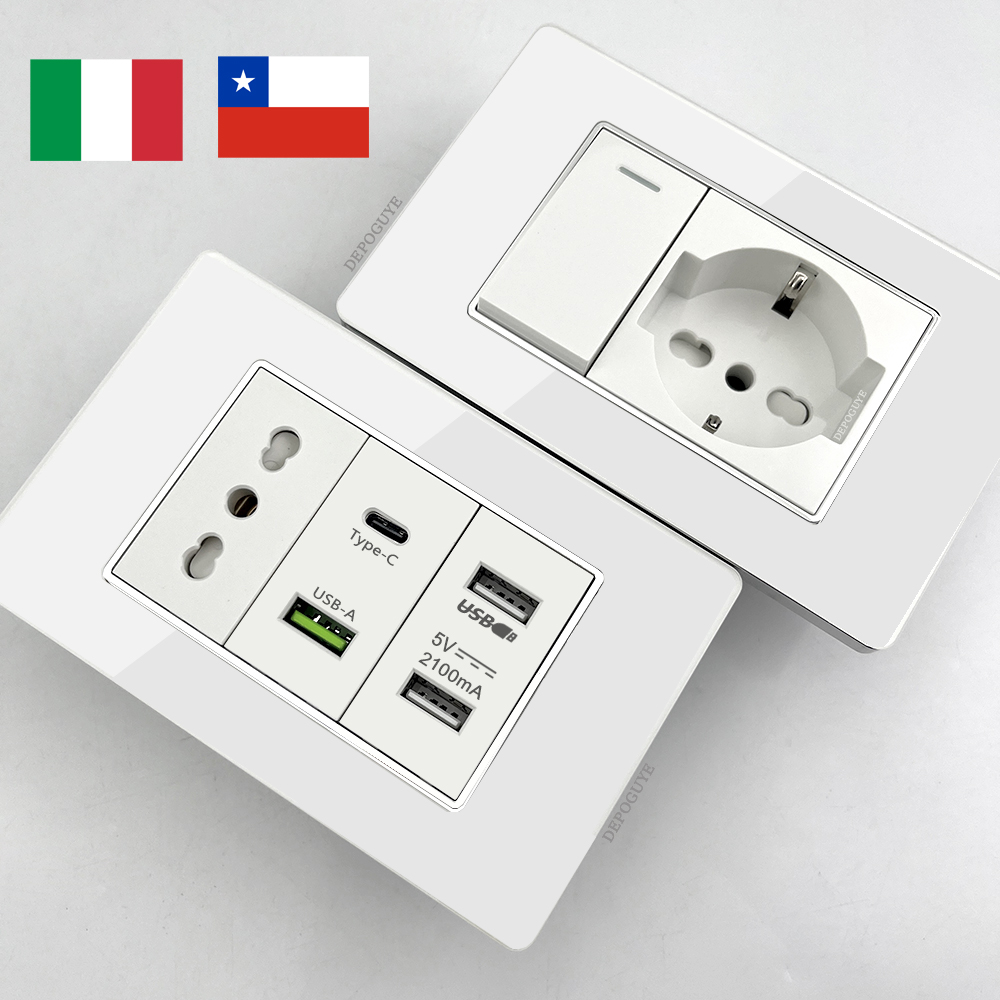ホワイト強化ガラスイタリア USB タイプ C スマート高速充電壁コンセントプラグ Schuko ライトスイッチパネルチリ TV Sat コンピュータ CAT6