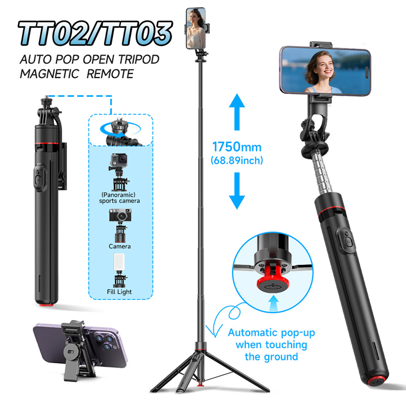 TT02/TT03 Selfie スティック三脚オートポップオープン電話スタンド磁気リモート 1/4 ''ネジ付き携帯電話撮影旅行屋外