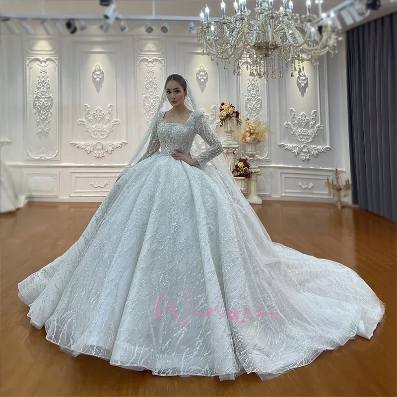 Luxury Square Neck Tulle Classic Vintage Design Simple Elegant Wedding Bride Dress Shimmering Customized فستان العر