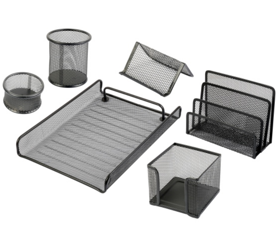 Mesh Desk Organizer Office Supplies With Pencil Holder and Storage Baskets for Desktop Accessories, 6 Parts, Black