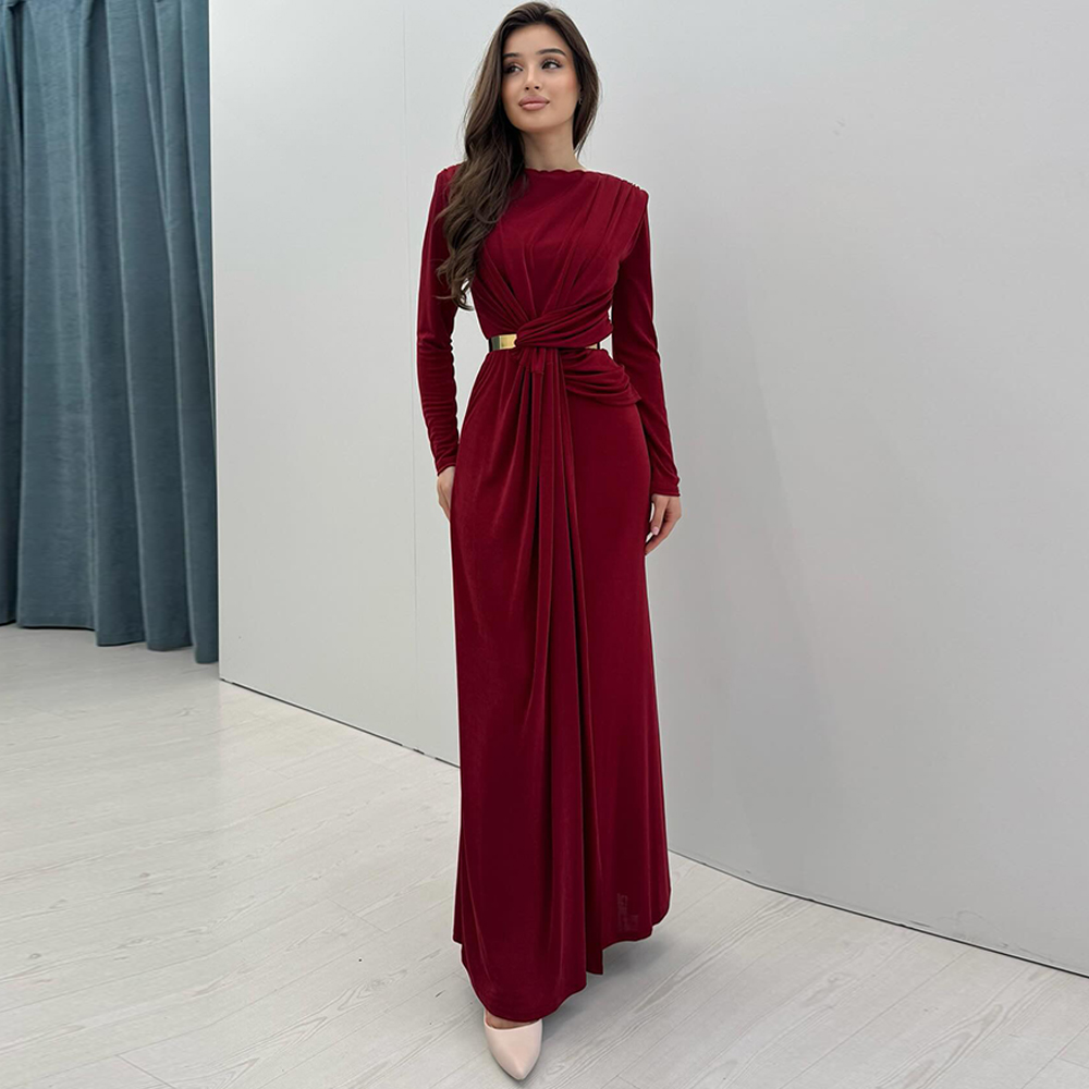 シンプルなジャージーサッシュイブニングドレス絶妙な長袖プロムドレスモダンなハイカラーカスタマイズされた特別な日のドレス