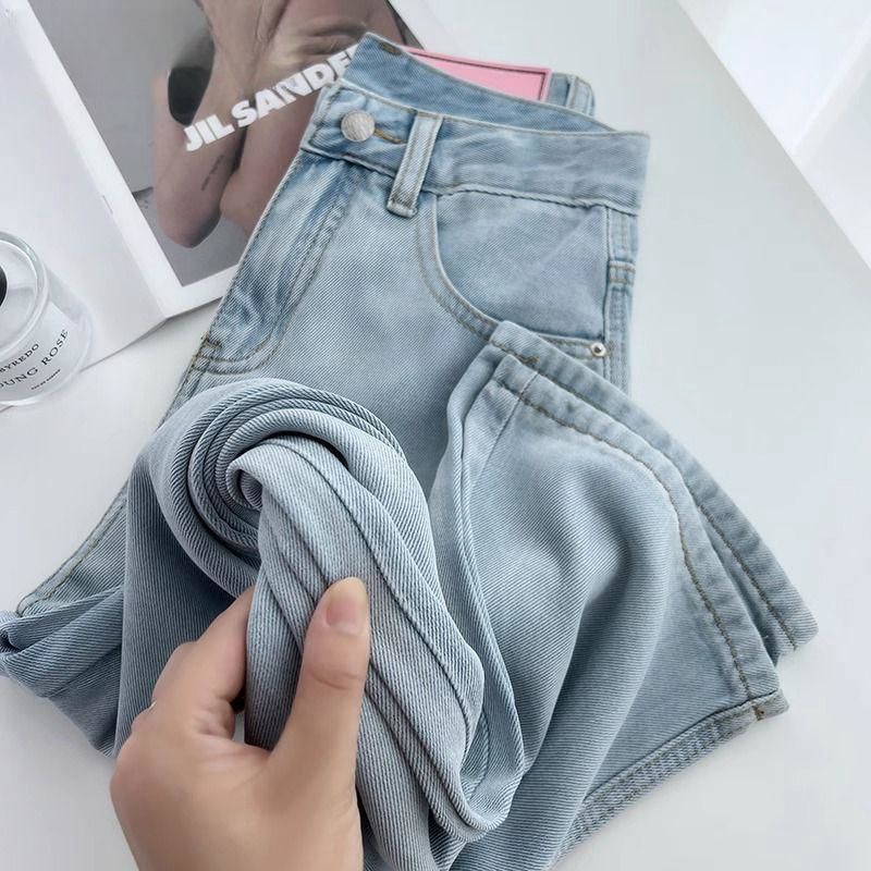 女性用ハイウエスト スリムフィット 薄いストレートレッグ ジーンズ、ドレープ性、小柄な体型に優しい、ワイドレッグ、スリミング、フロアレングス パンツ