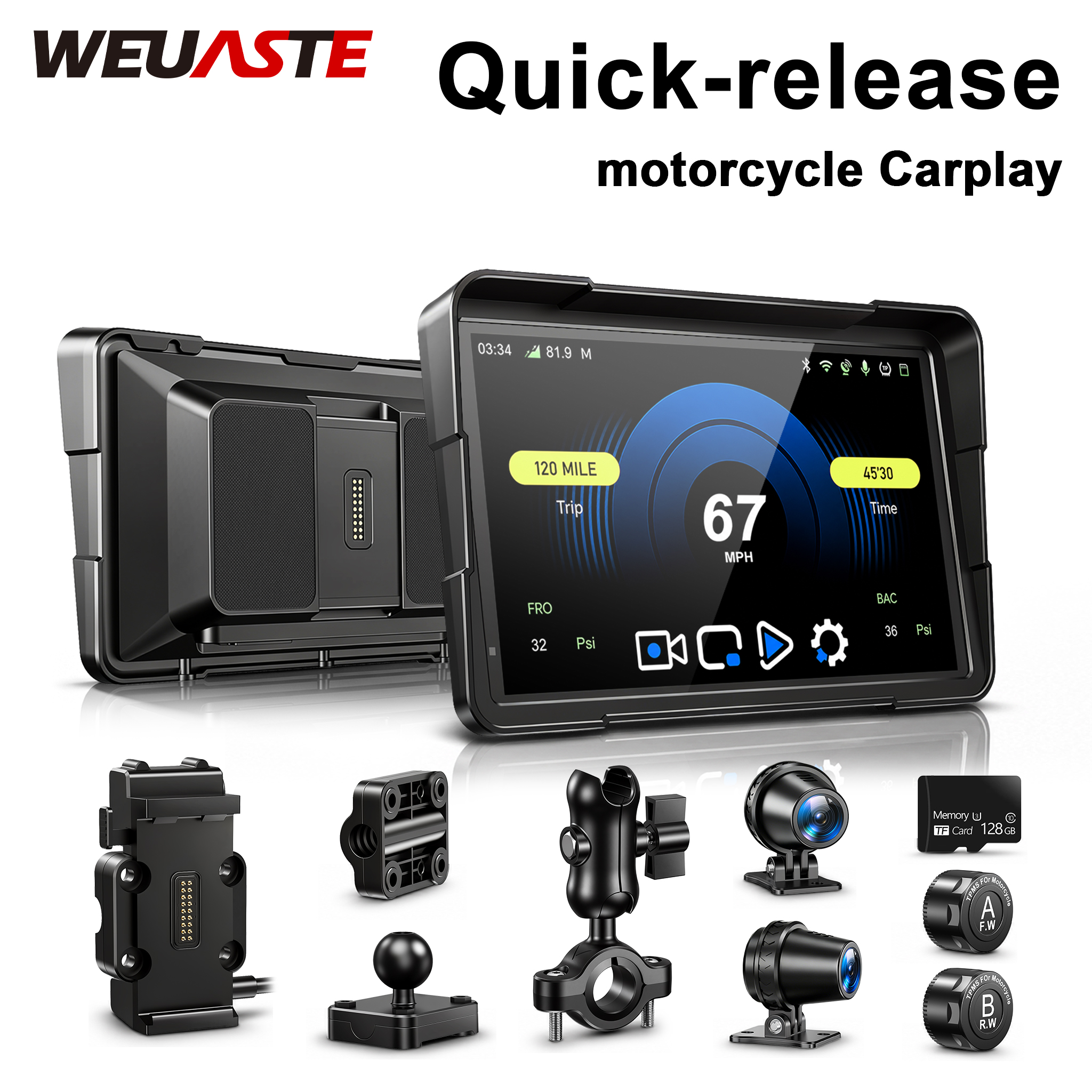 WEUASTE 6-7 インチクイックリリースオートバイ GPS ナビゲーション CarPlay Android にはすべてのオートバイモデル用の TPMS デュアルカメラが含まれています