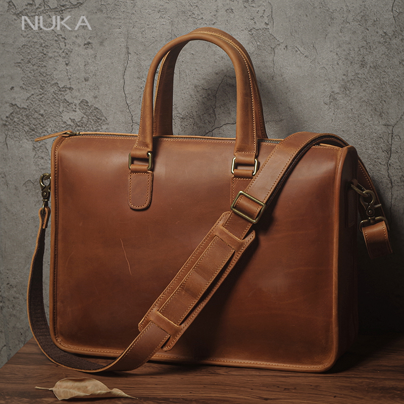 NUKA メンズエグゼクティブブリーフケース高品質本革ビジネスハンドバッグレトロオリジナル牛革ショルダーバッグ 15 インチのラップトップ用