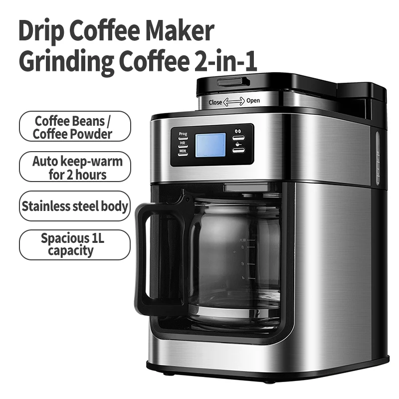 全自動アメリカンコーヒーマシン、コーヒー豆または粉末を使用可能、電気粉砕ドリップコーヒーマシン2-in-1
