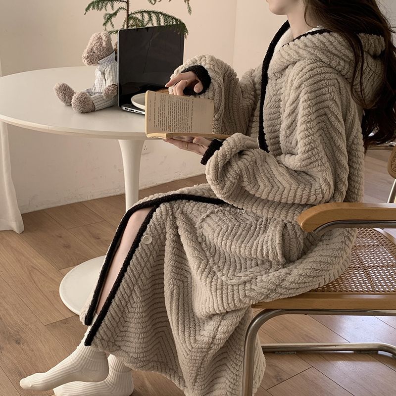 フード付きローブ女性パジャマ冬寝間着ナイトウェア暖かいフリースパジャマワンピースナイトガウン睡眠ホームウェア