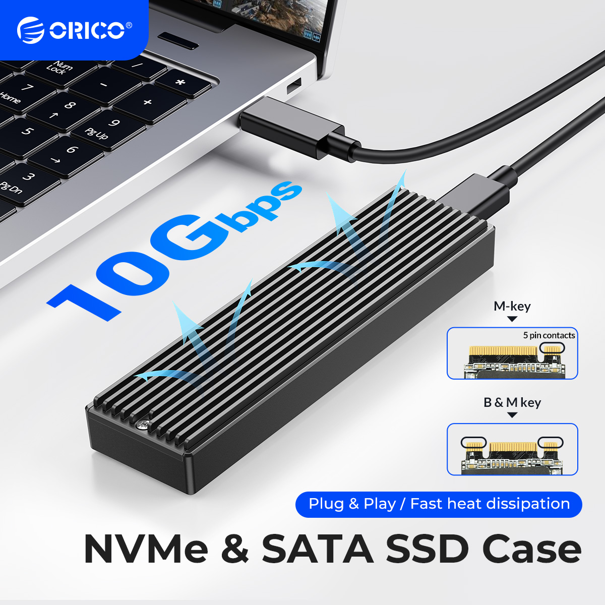 ORICO M.2 NVMe SSD エンクロージャ、USB 3.1 Gen 2 (10 Gbps) PCIe 外部アダプタ NVMe ケース、2230/2242/2260/2280 M.2 SSD 最大 8TB