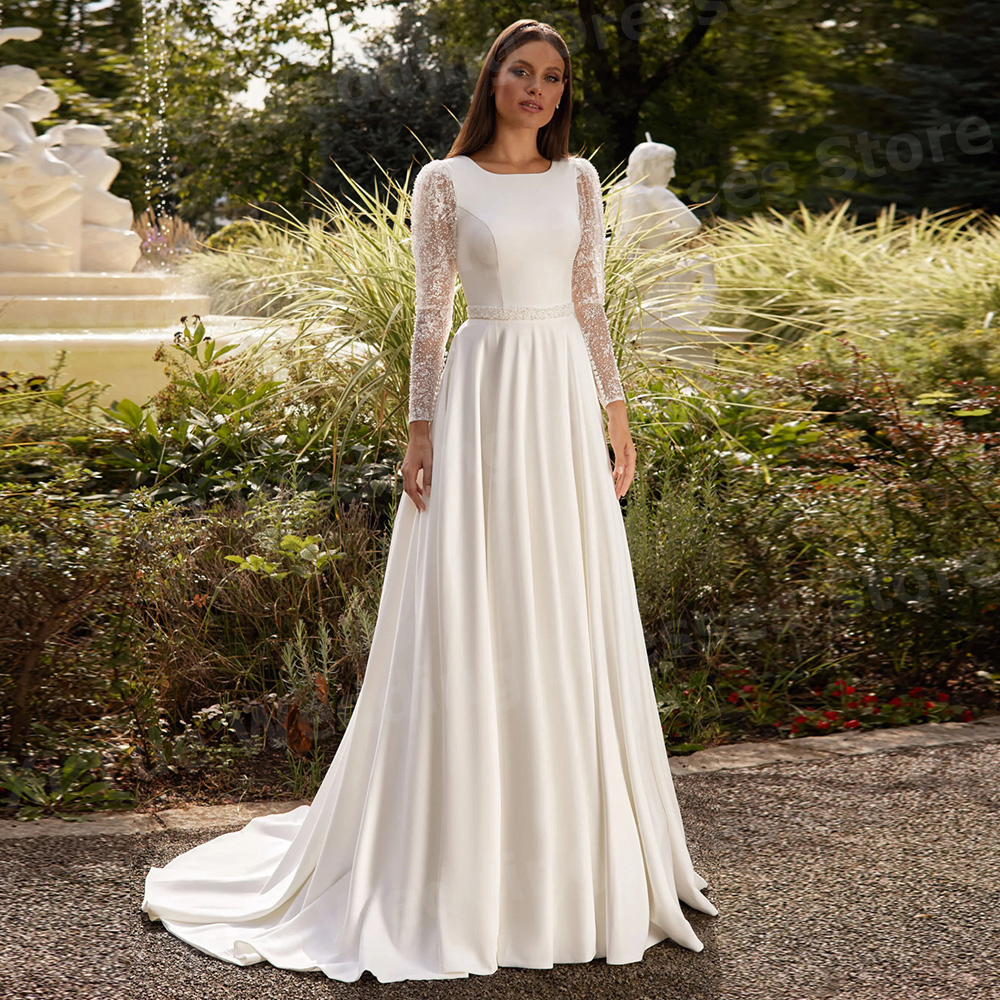 2025 美しい A ラインの女性のウェディングドレスレースサテンの花嫁ドレス O ネック長袖 Vestidos カスタマイズ Vestido デ Noiva
