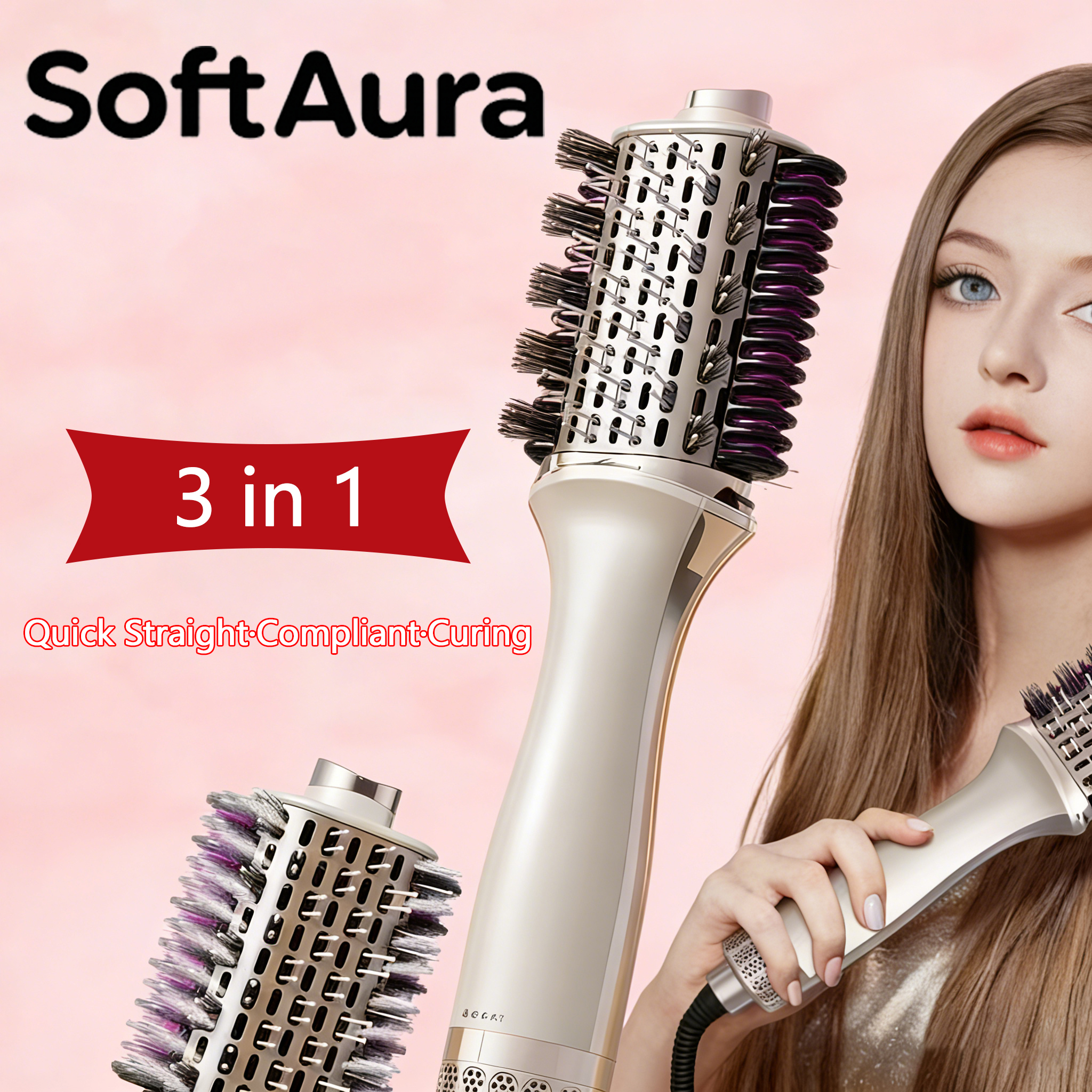 SoftAura 3 in 1 熱風コームヘアスタイリングブラシ自動カールストレートブロードライヤーウェットドライデュアル使用ホームサロン 2026 新