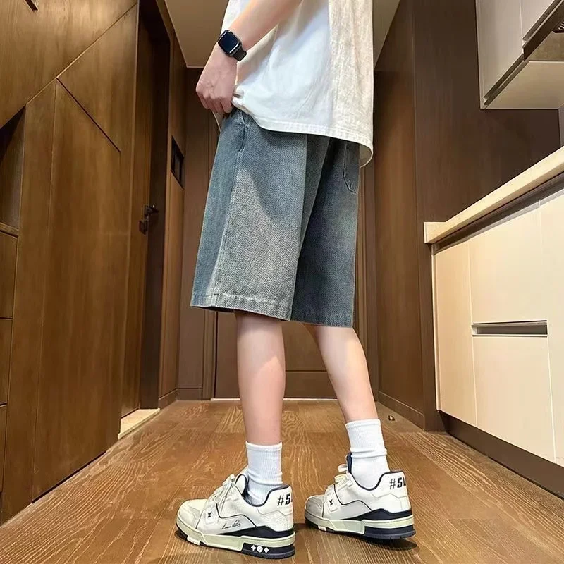 メンズショートパンツジーンズブルーデニムジョーツだぶだぶ原宿パンツストリート Y2k ユニセックスオーバーサイズ韓国ファッションヴィンテージ夏服