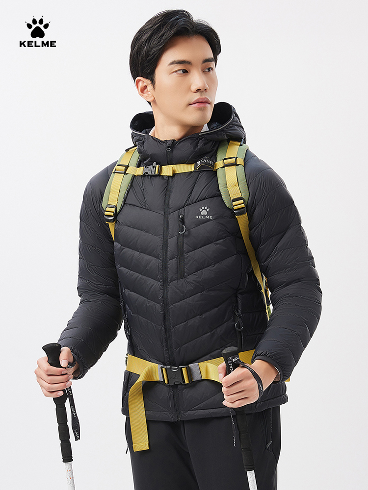 Kelme 屋外軽量ダウンジャケットメンズ冬新フード付き暖かい豚リブ防風登山ジャケット