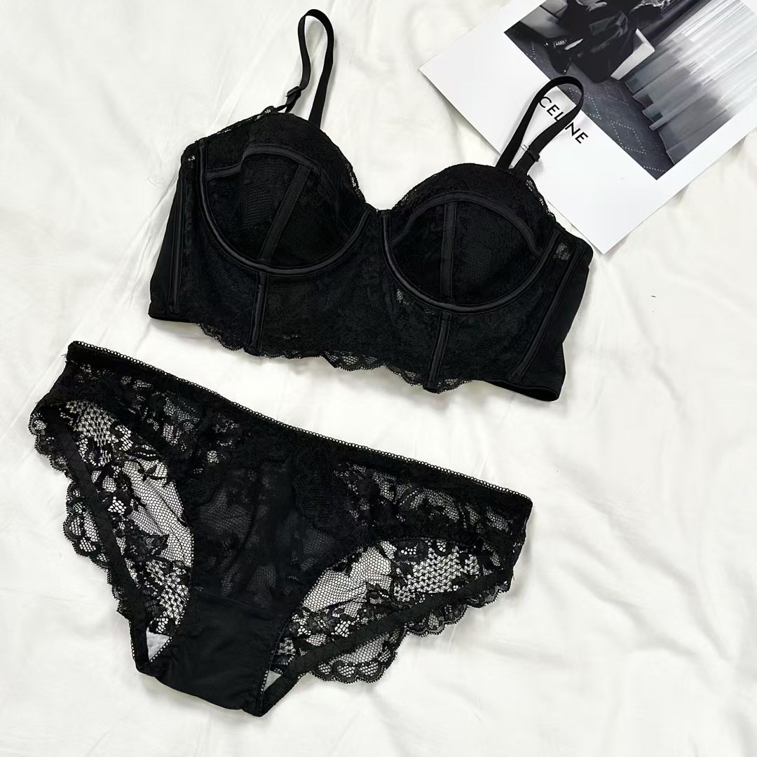 フルレース白黒薄い綿 1/2 カップ若い女の子ドレス下着プッシュアップファッション下着女性のセクシーなブラジャーとパンティセット
