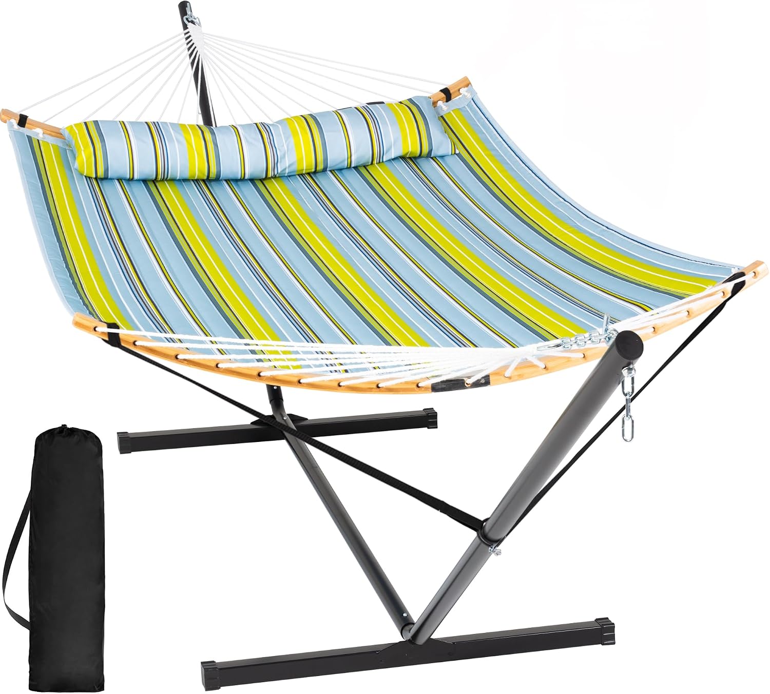 スタンド付きポータブルアウトドアハンモック、屋外用スタンド付きダブルハンモック、イエローブルー