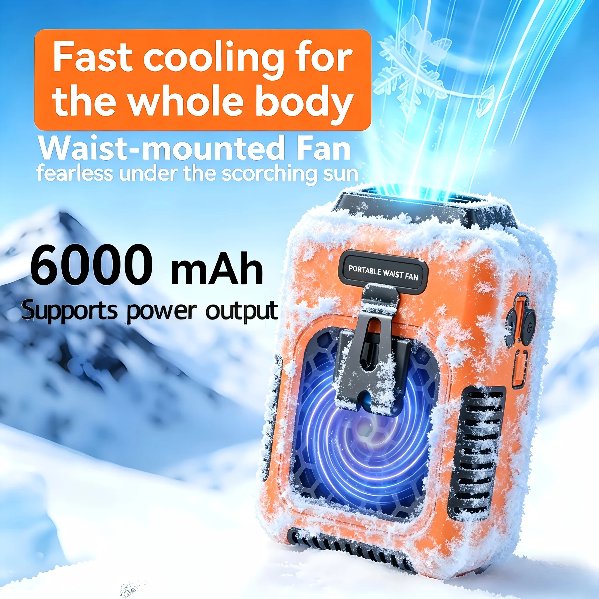 6000mAh ウエストファン、ウェアラブルパーソナルクーラー内蔵パワーバンク、携帯電話を充電するための外部電源出力、軽量ベルト