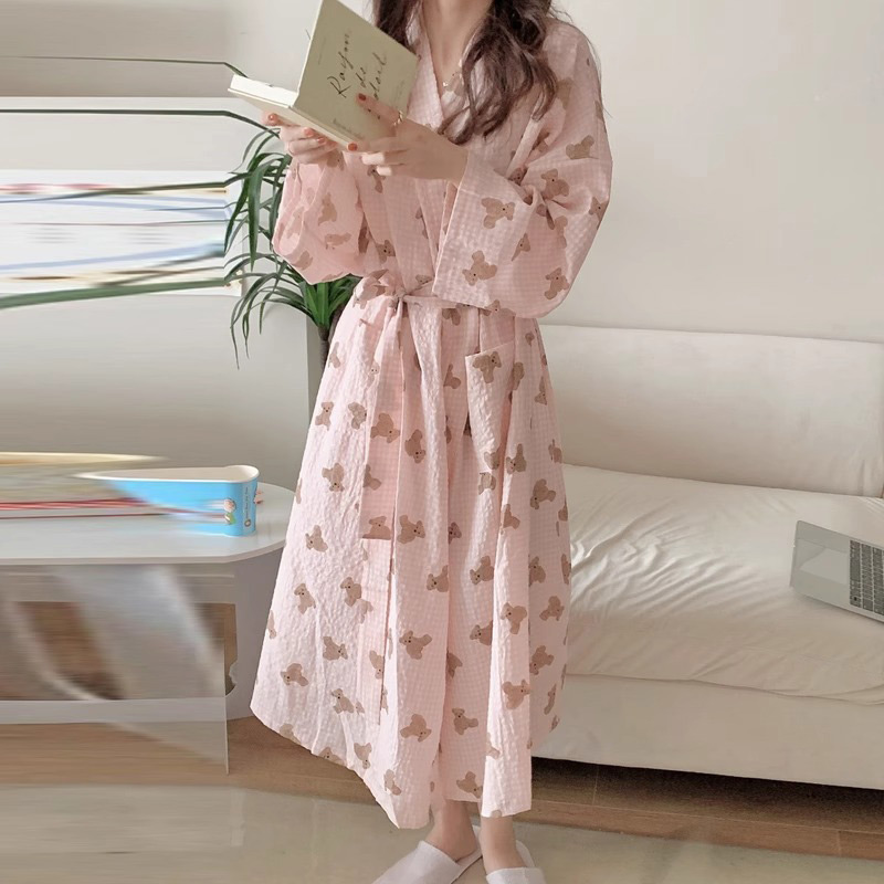 女性甘い夏の V ネック長袖レースアップルーズロング日本韓国スタイル快適な部屋着バスローブ着物ホームウェア