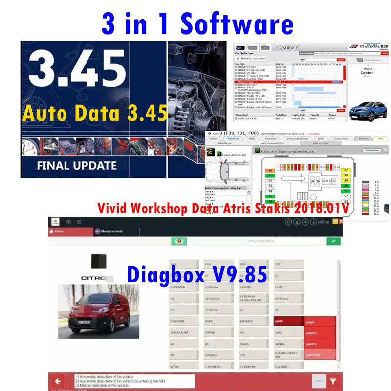 2025 ホット AutoData 3.45 Diagbox V9.85 Vivid Workshop Data Atris Stakis 2018.01V 診断ツール ソフトウェア 3 IN 1 ソフトウェア
