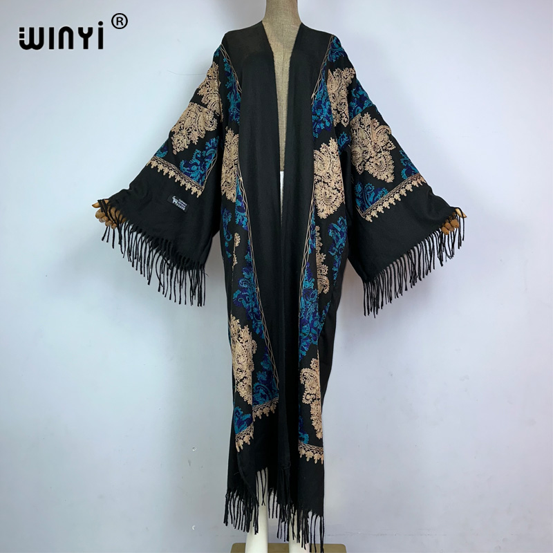 WINYI 冬の女性のタッセルパシュミナ刺繍ロングコートイスラム教徒の女性のドレスローブアバヤドバイ高級中東女性着物