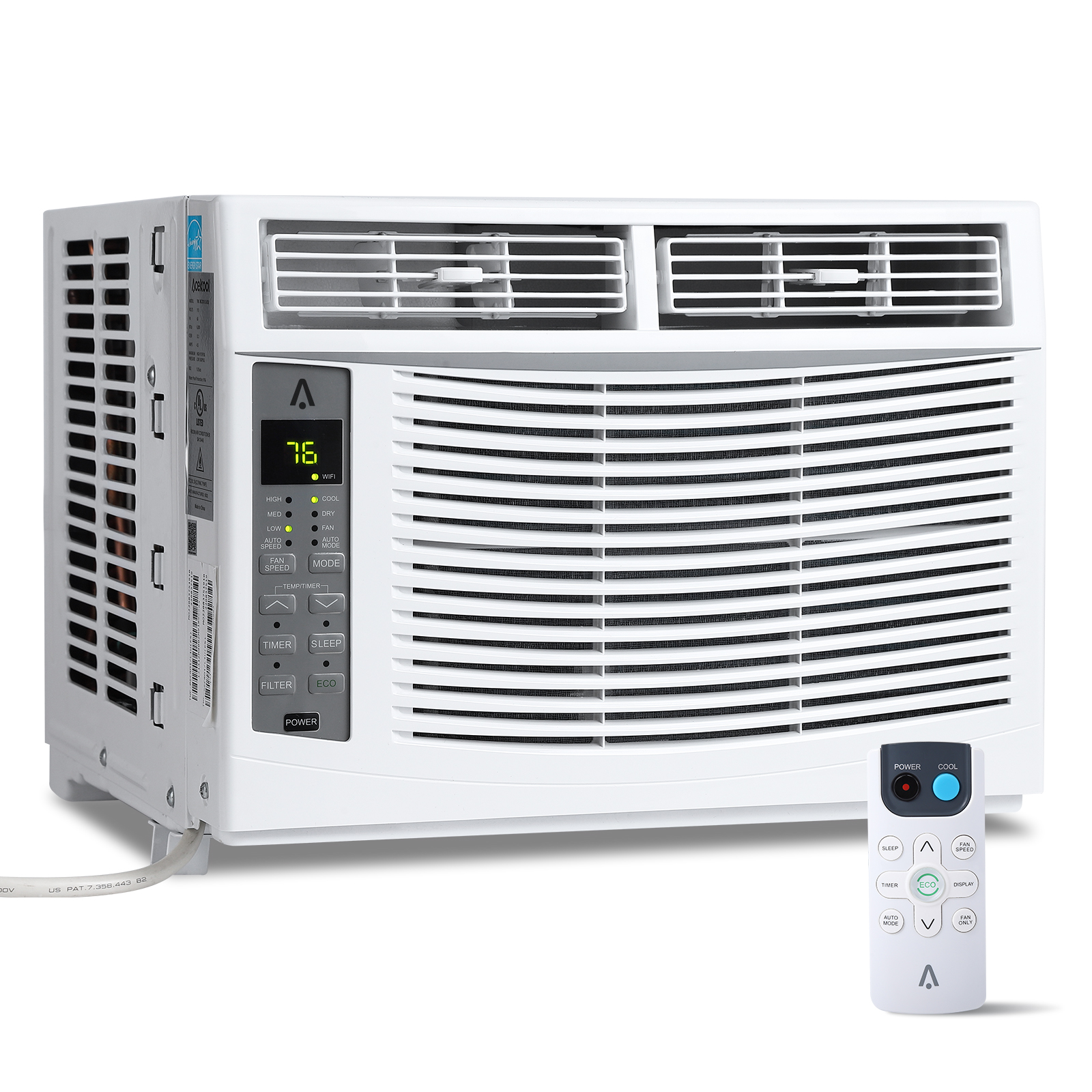 エアコン 6000 AC ユニット、リモコン/アプリ制御付き、柔軟な窓開口部 (T デザイン)、3 ファン速度、ECO、6,000 BTU
