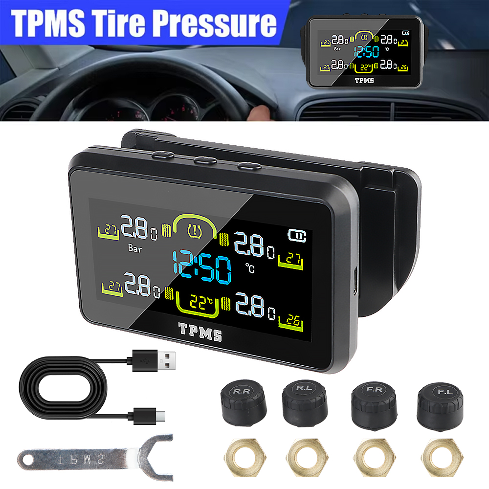 T14 車 Solor TPMS タイヤ空気圧監視システム タイヤ温度テスター 4 個センサーデジタル時計インテリアキャブ温度表示