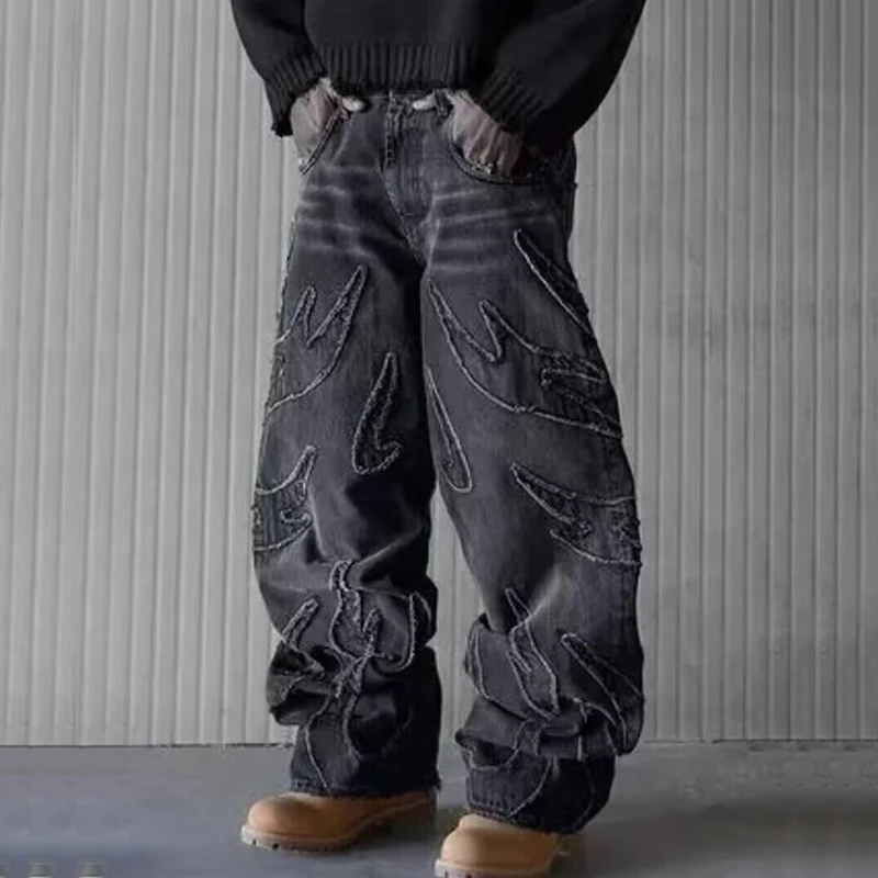 男性だぶだぶ美的ストリートジーンズ男性レトロファッションワイドレッグデニムパンツグラフィック刺繍デザイナーヒップポップデニムパンツ