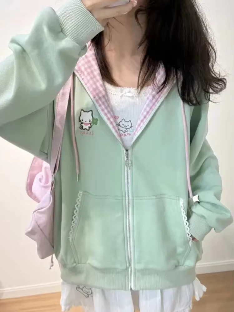 Y2k かわいい日本の漫画長袖ジッパーフード付きスウェットサブカルチャールーズカジュアルパーカー女性トップス 2000 年代ヴィンテージシック