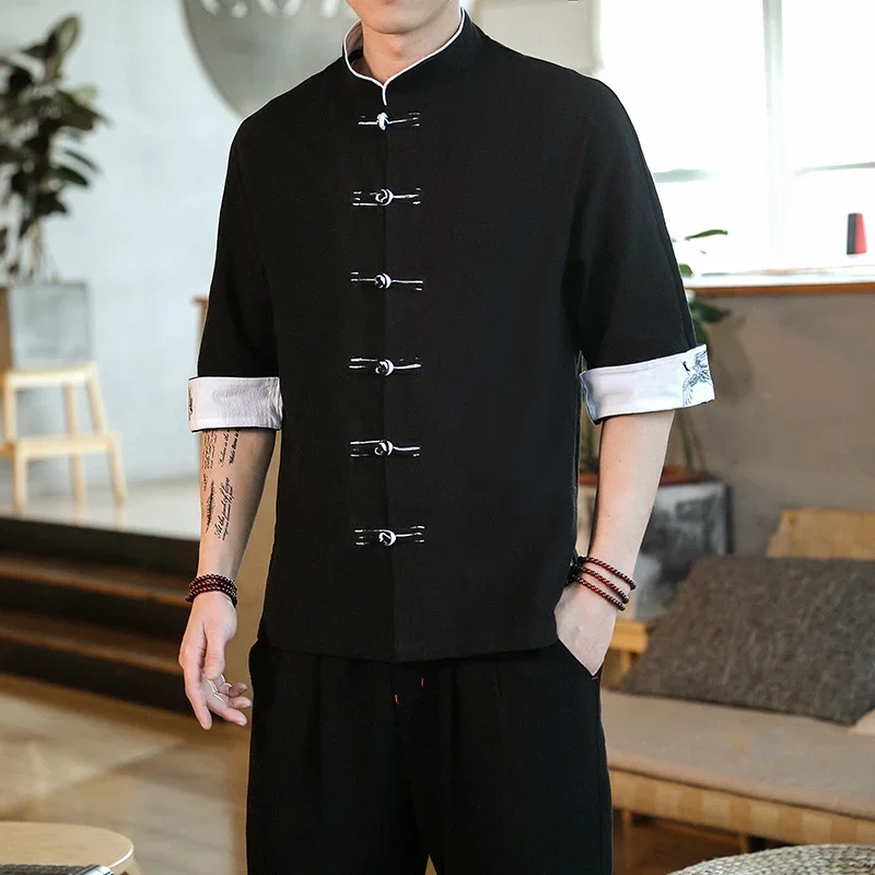 新しい鶴の刺繍トップ繁体字中国語服男性ヴィンテージ半袖リネンシャツ固体マダリン襟韓服カンフー