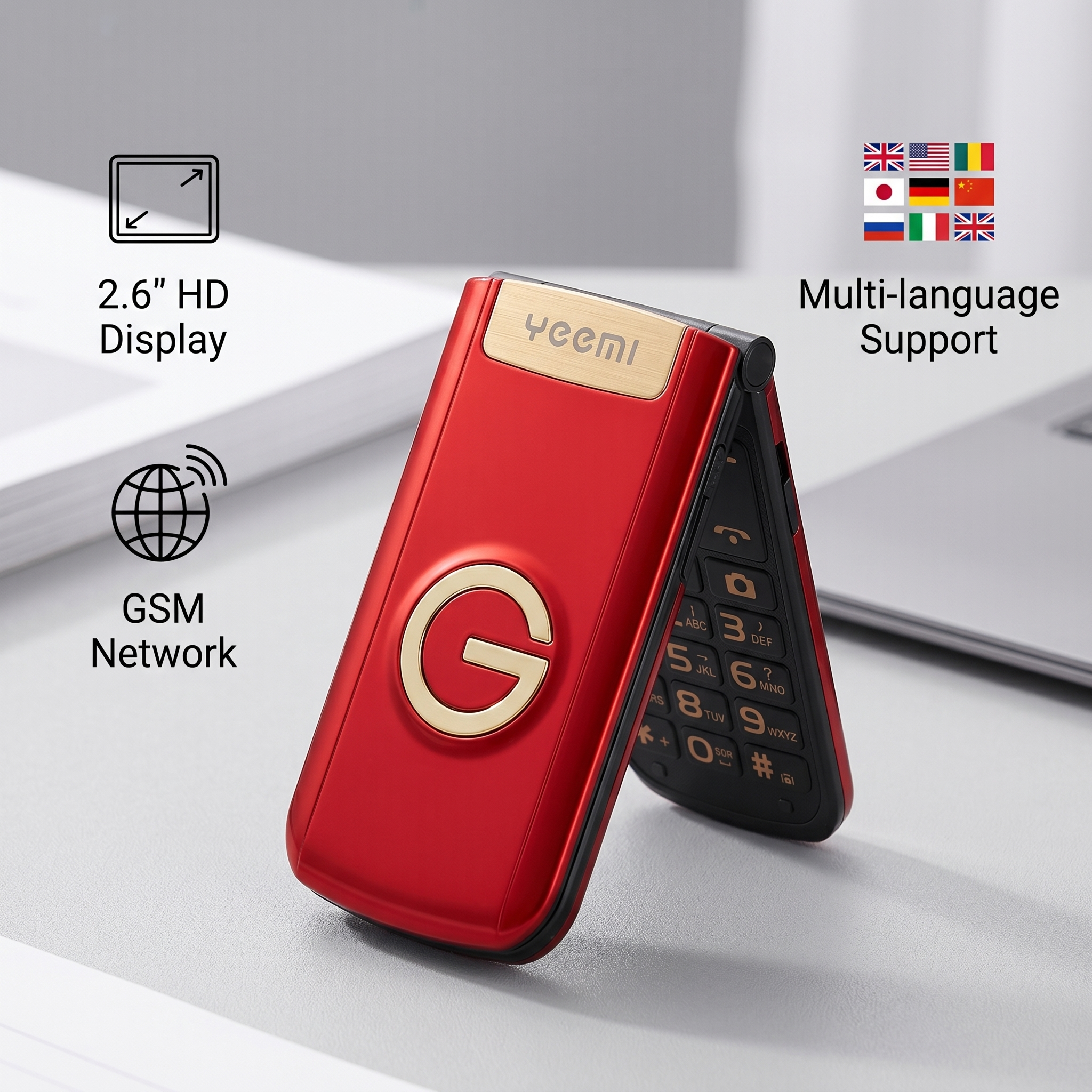 YEEMI G9000 GSM 2G フリップ携帯電話 2.6 インチ画面ビッグキーボードデュアル SIM カード懐中電灯 FM ラジオ Bluetooth MP3 MP4 SOS 携帯電話