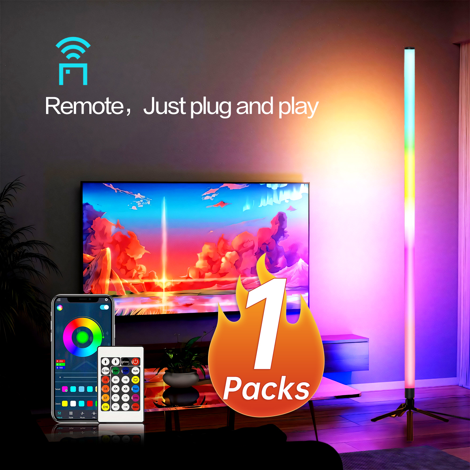 1.6M 84LED 360° RGB コーナーライト、ブラック USB 5V 充電式壁雰囲気ランプ、バッテリー、リモート APP