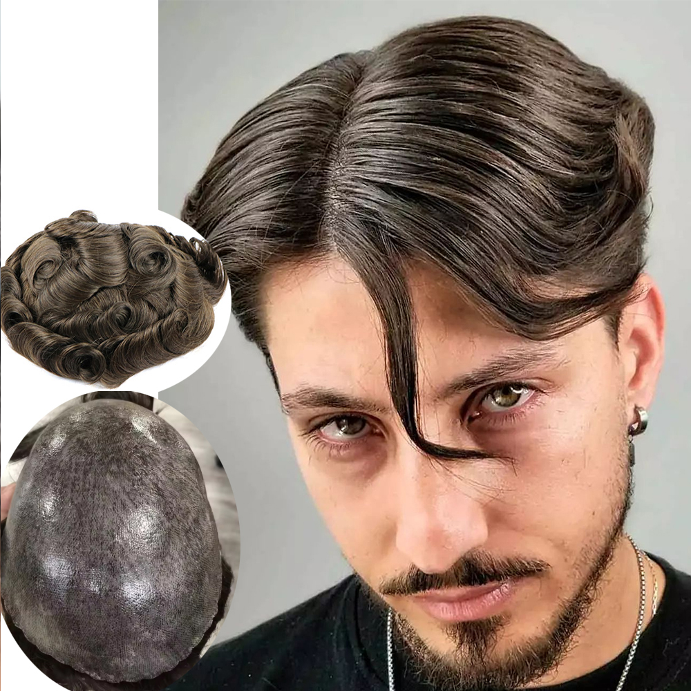 #4 Ash Brown Black Natural Hairline Super Durable 0.1mm PU Injection Base Men Toupee Gray 1B10 1B40 100% Human Hair WigS System