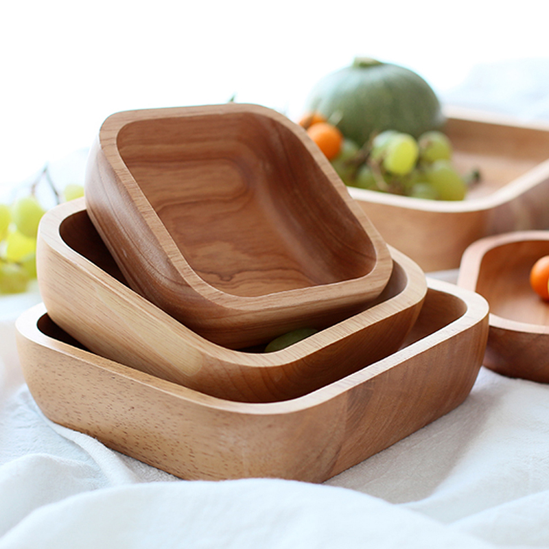 1Pc 正方形木製ボウル 4 サイズフルーツサラダボウル大小木製プレートスナックデザート皿食品容器木製食器