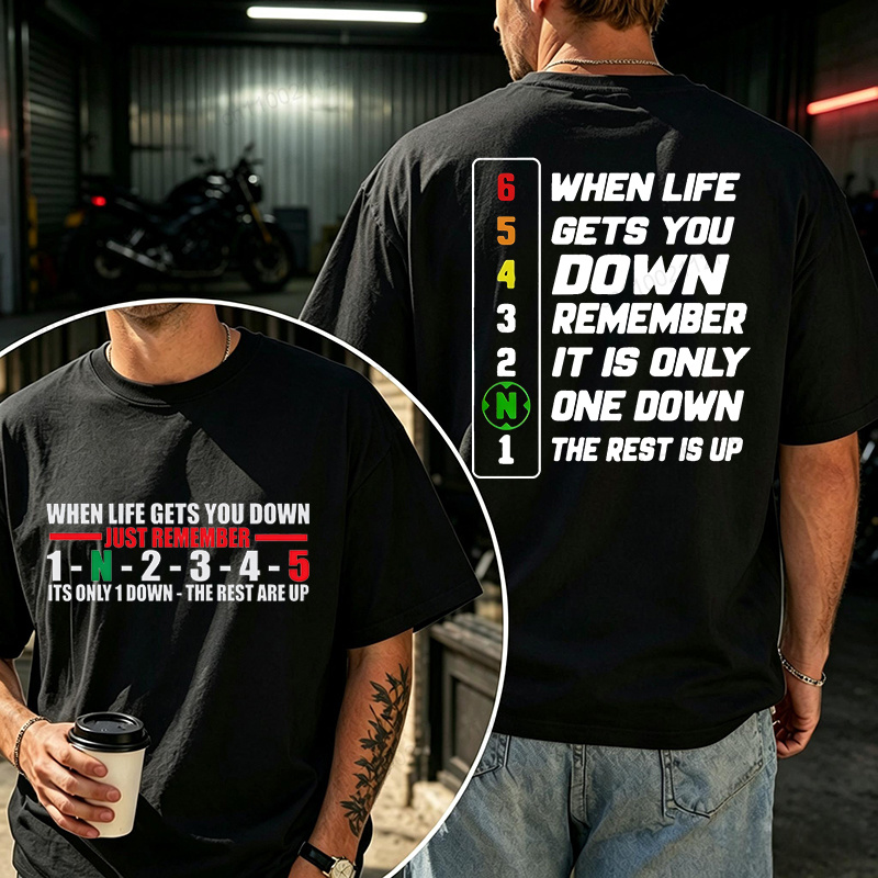 夏の新しい Tシャツ男性とき人生があなたを 1 ダウン 5 アップオートバイシフトプリントカジュアル Tシャツ Tシャツプラスサイズ半袖トップス