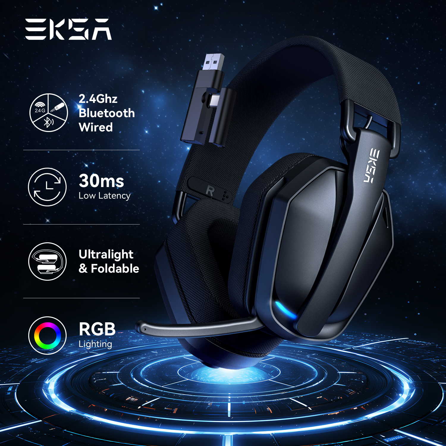 EKSA G19BT 2.4GHz ワイヤレス ゲーミング ヘッドフォン 超軽量 Bluetooth 5.4 ヘッドセット ゲーマー マイク付き PC/PS5/Xbox 用