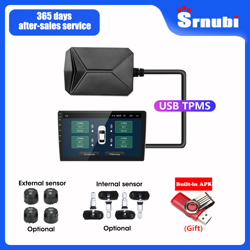 Srnubi Android TPMS カーラジオ DVD プレーヤー用 タイヤ空気圧警報監視システム スペアタイヤ内部外部センサー USB TMPS